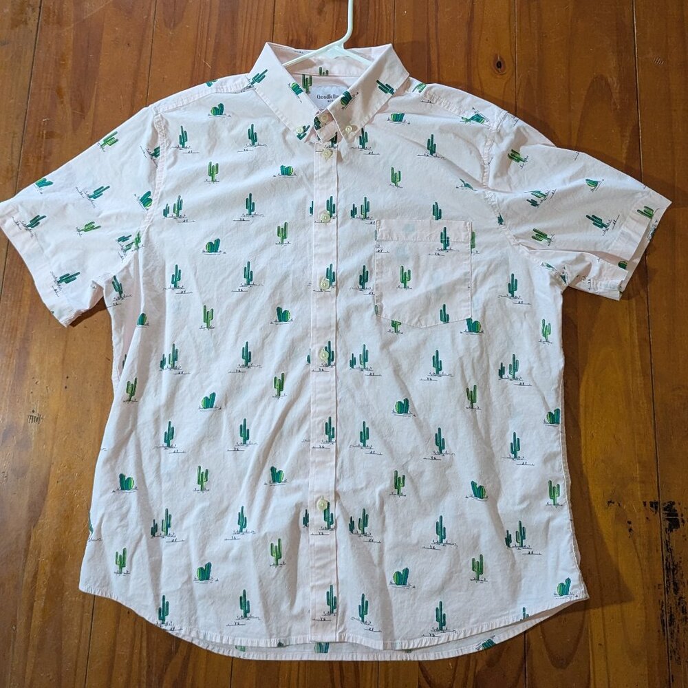 Men’s Short Sleeve Button-Down Shirt – Pink with Cactus Print, Size XL